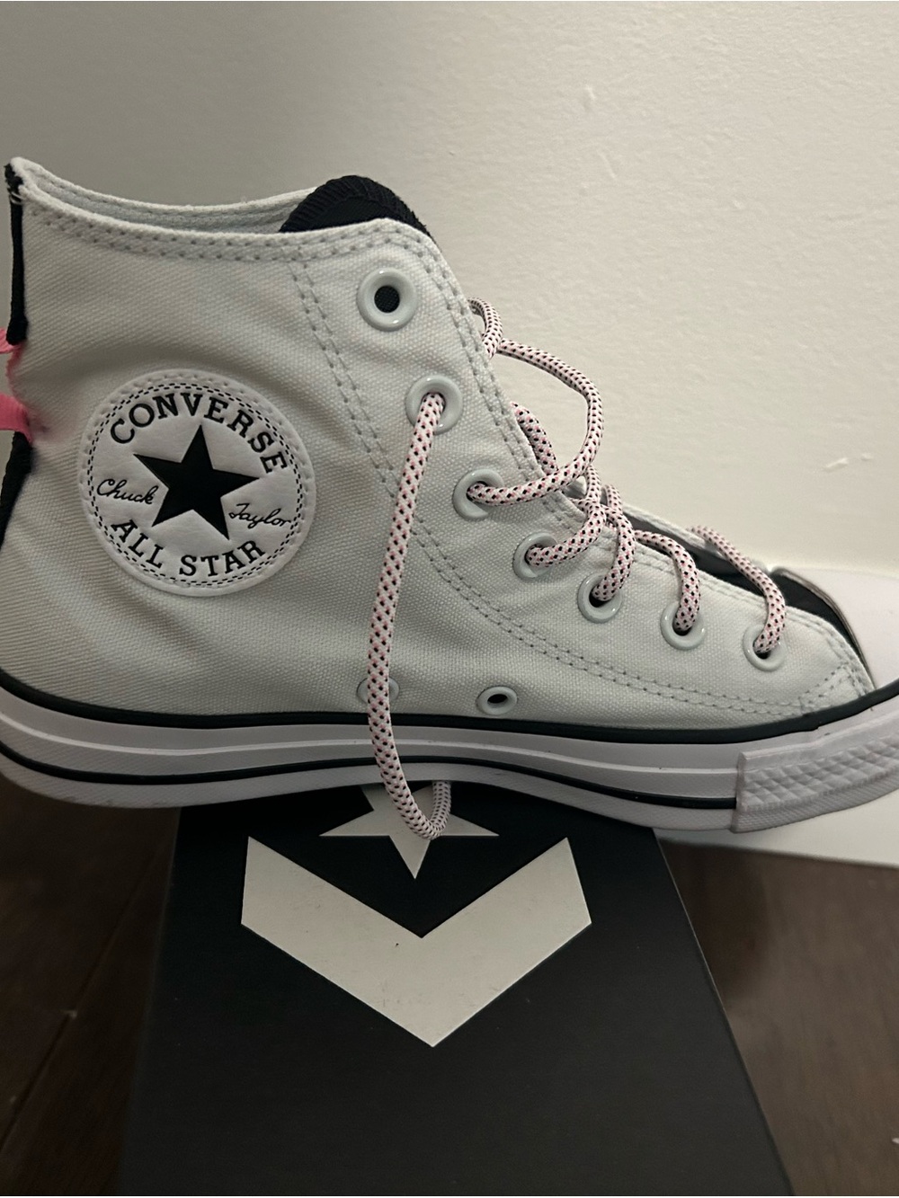 Converse White High Top Sneakers with Pink-Trim Laces